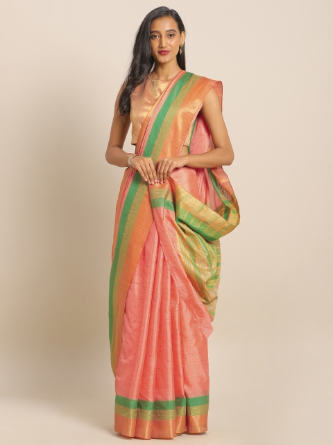 

KALINI Coral Pink & Green Art Silk Solid Mysore Silk Saree