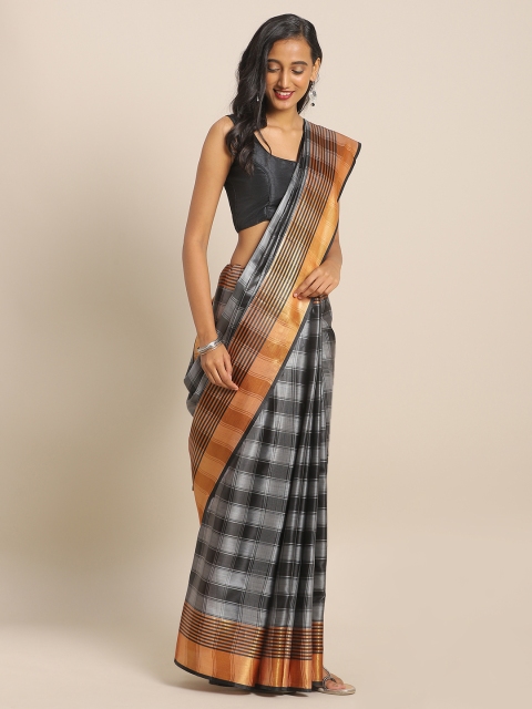 

KALINI Grey & Black Art Silk Checked Mysore Silk Saree