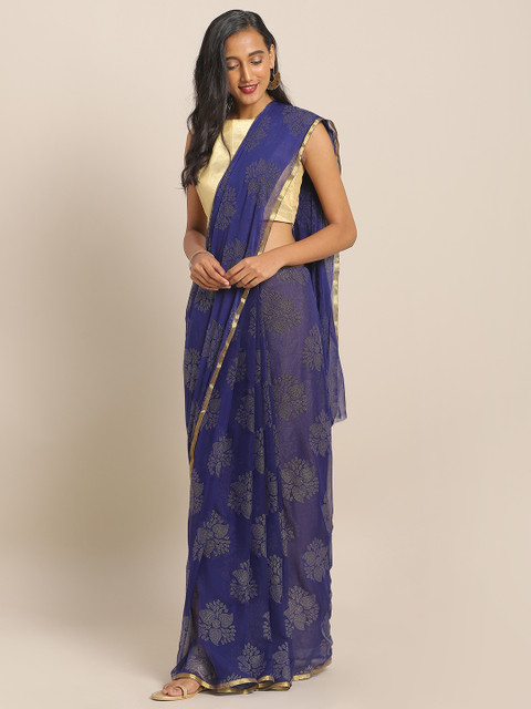 

KALINI Navy Blue & Gold-Toned Pure Chiffon Embellished Saree