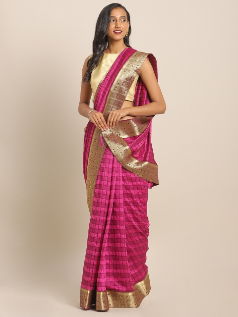 

KALINI Pink & Gold-Toned Art Silk Checked Mysore Silk Saree