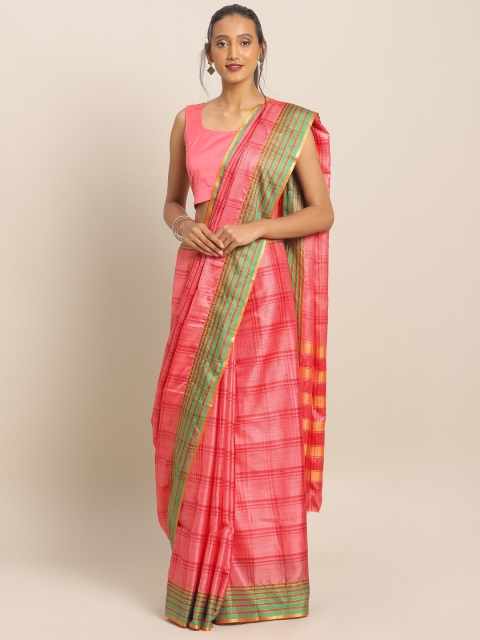 

KALINI Pink & Red Art Silk Checked Mysore Silk Saree
