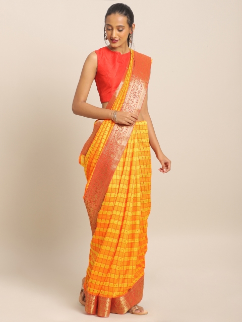 

KALINI Orange & Yellow Art Silk Checked Mysore Silk Saree