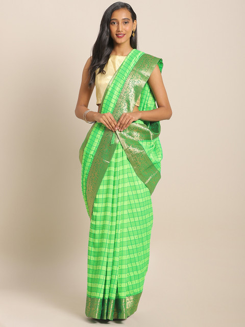

KALINI Lime Green Art Silk Checked Mysore Silk Saree