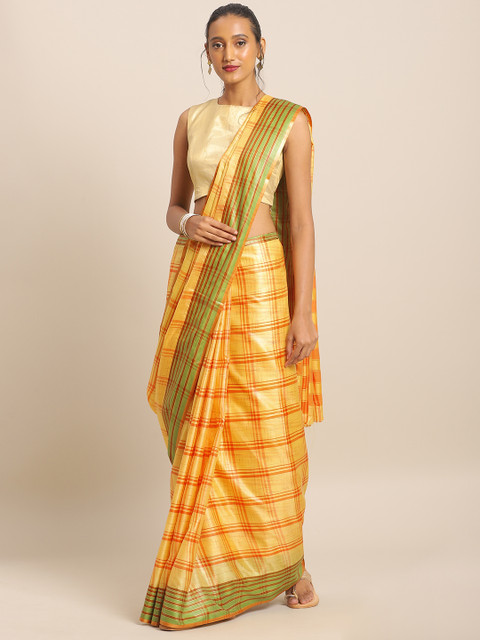 

KALINI Yellow & Orange Art Silk Checked Mysore Silk Saree