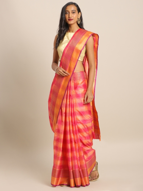 

KALINI Pink & Orange Art Silk Checked Mysore Silk Saree