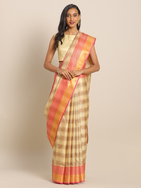 

KALINI Cream-Coloured & Pink Art Silk Checked Mysore Silk Saree