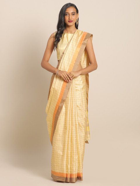 

KALINI Cream-Coloured & Brown Checked Art Silk Saree
