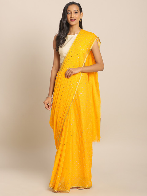 

KALINI Yellow & Golden Pure Chiffon Embellished Saree