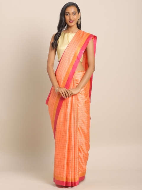 

KALINI Orange & Pink Checked Art Silk Saree