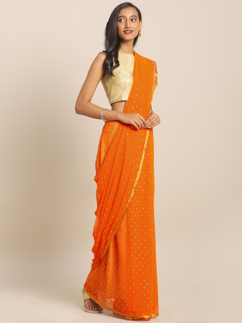 

KALINI Orange & Gold-Toned Pure Chiffon Embellished Saree