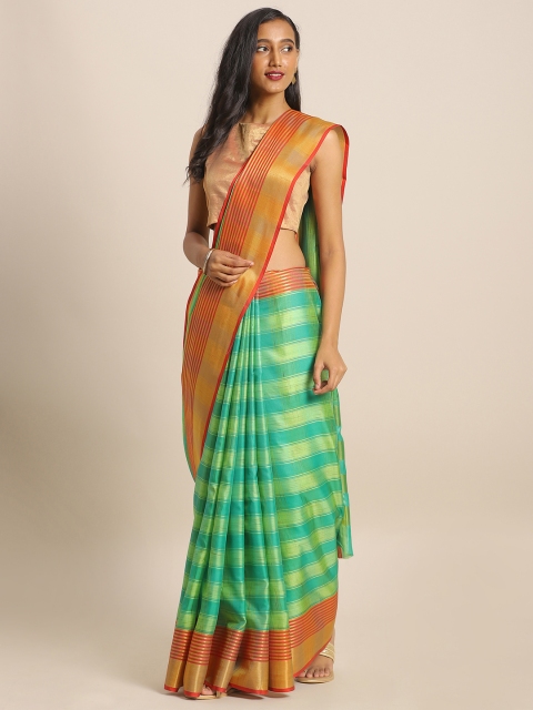 

KALINI Green & Orange Art Silk Checked Mysore Silk Saree