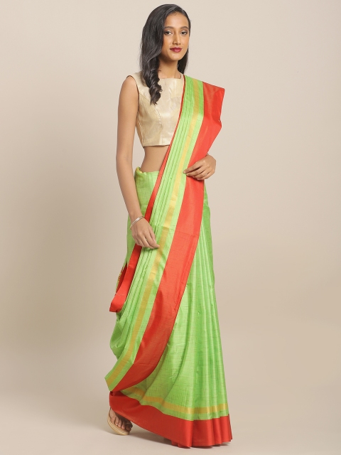 

KALINI Lime Green & Red Solid Mysore Art Silk Saree