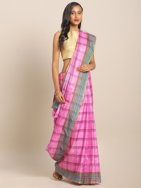 

KALINI Pink & Teal Green Art Silk Checked Mysore Silk Saree