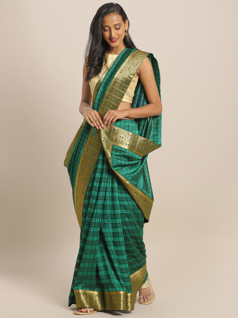 

KALINI Green & Black Art Silk Checked Mysore Silk Saree