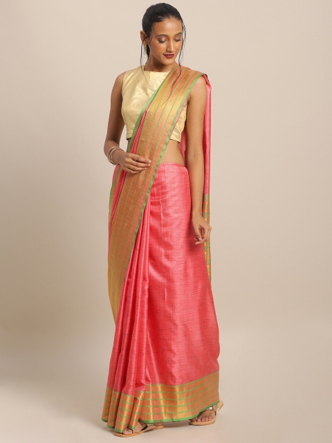 

KALINI Peach-Coloured & Green Art Silk Solid Mysore Silk Saree