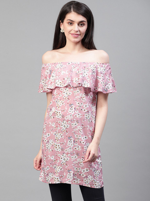 

Cayman Women Pink & White Floral Printed Layered Off-Shoulder Tunic