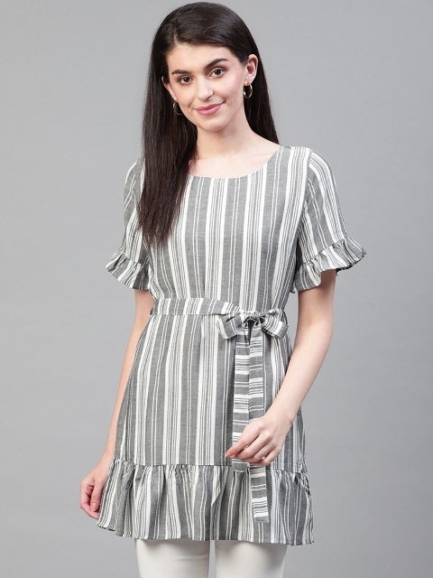 

Cayman Women Grey & Off-White Striped Tunic With Belt