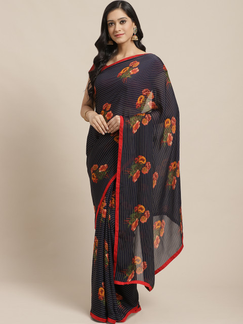 

SUTRAM Navy Blue & Orange Floral Print Saree