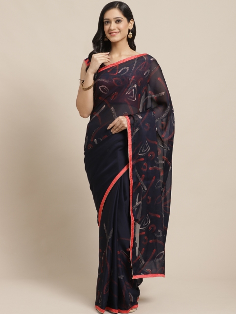 

SUTRAM Navy Blue & Red Printed Saree