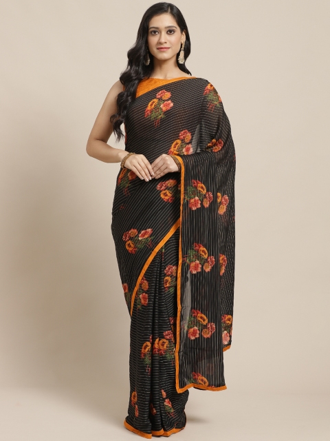 

SUTRAM Black & Mustard Yellow Pure Georgette Floral Printed Saree