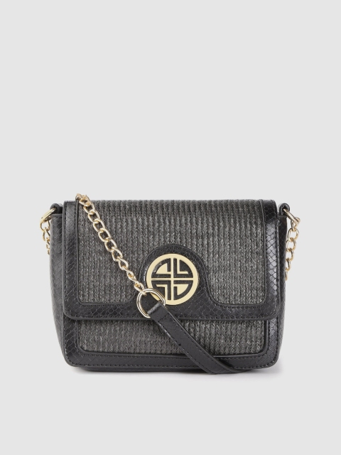 

Carlton London Black & Charcoal Grey Snakeskin Textured & Woven Design Sling Bag