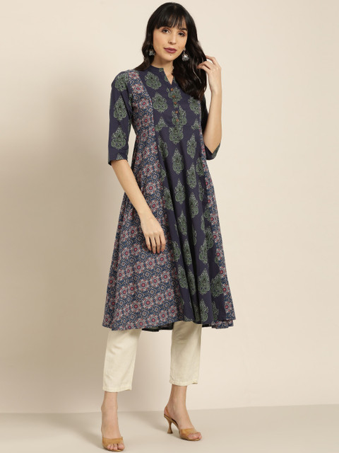 

Moda Rapido Women Navy Blue & Green Ethnic Print Panelled A-Line Kurta