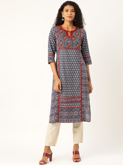 

Moda Rapido Women Teal Blue & Maroon Printed Straight Kurta