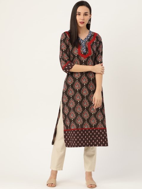 

Moda Rapido Women Coffee Brown & Maroon Printed Straight Kurta