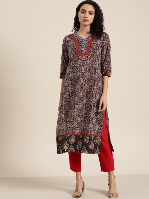 

Moda Rapido Women Maroon & Navy Blue Printed Straight Kurta