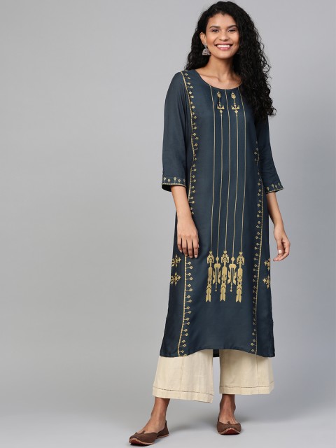 

HERE&NOW Women Navy Blue & Golden Printed Straight Kurta