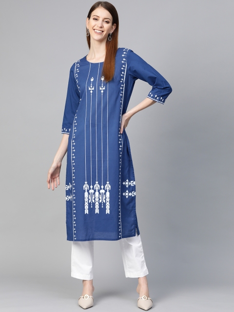 

HERE&NOW Women Blue & White Printed Straight Kurta