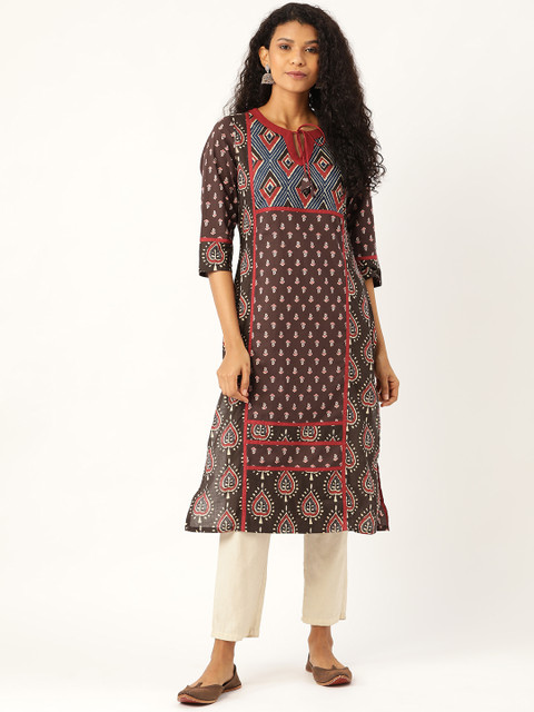 

Moda Rapido Women Coffee Brown & Maroon Printed Straight Kurta