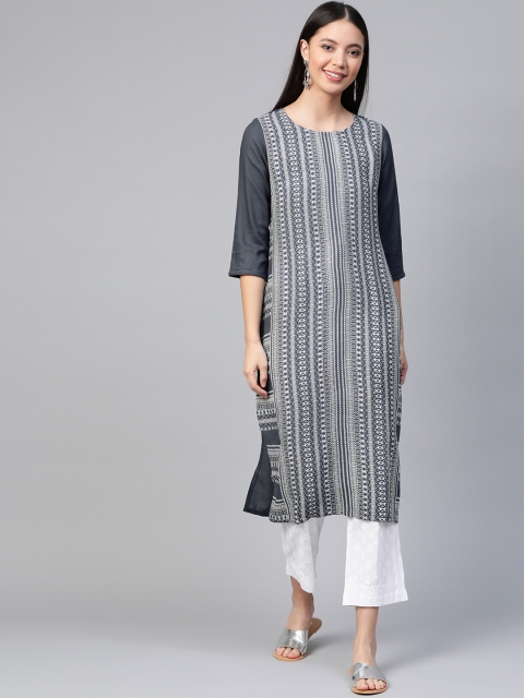 

HERE&NOW Women Charcoal Grey & White Printed Straight Kurta