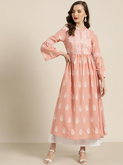 

Moda Rapido Women Peach-Coloured & White Printed Embroidered A-Line Kurta