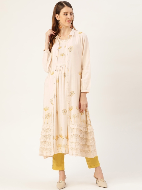 

Moda Rapido Women Off-White & Mustard Yellow Printed A-Line Layered Kurta
