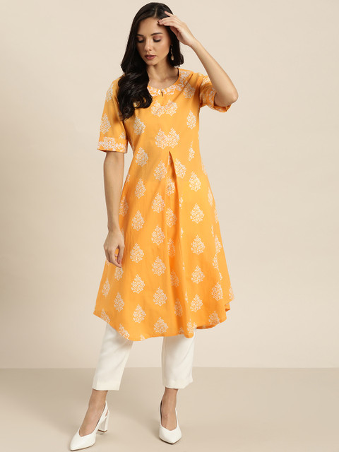 

Moda Rapido Women Mustard Yellow & White Pleated Printed A-Line Kurta