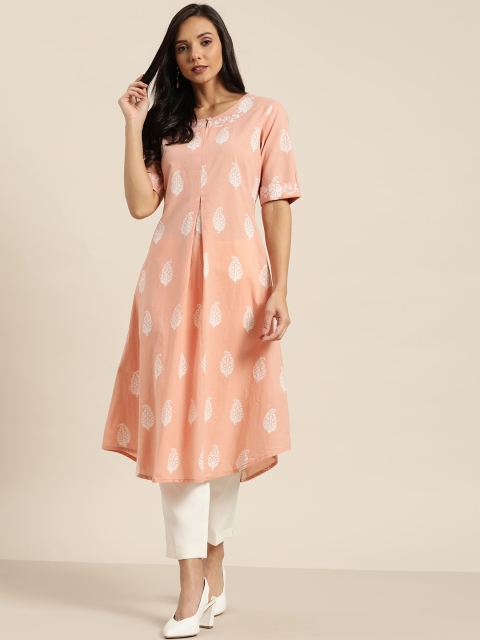 

Moda Rapido Women Pink & White Pleated Paisley Printed A-Line Kurta