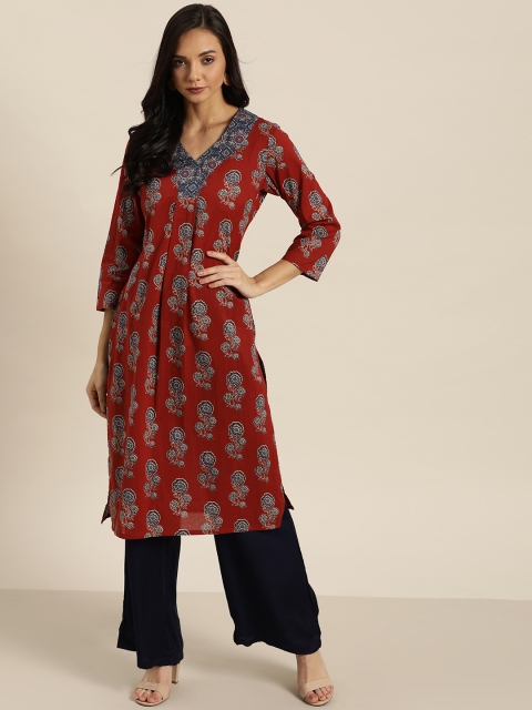 

Moda Rapido Women Rust Red & Blue Pleated Floral Printed Straight Kurta
