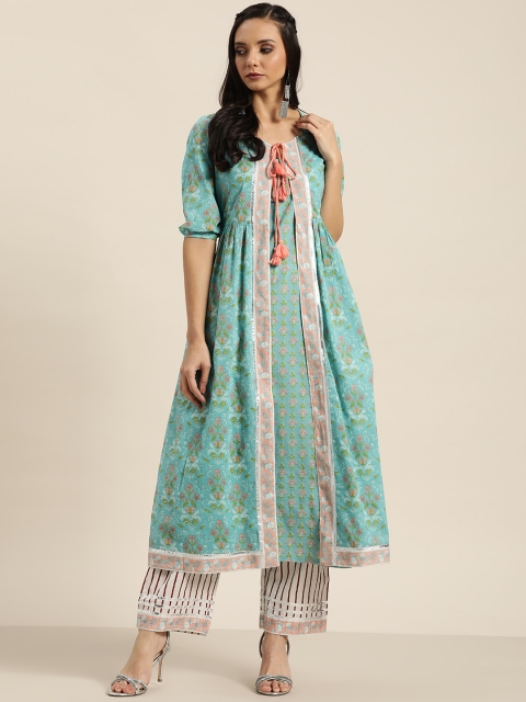

Moda Rapido Women Blue & Pink Ethnic Print Layered Kurta with Striped Trousers
