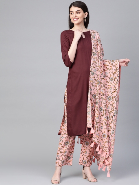 

HERE&NOW Women Burgundy & Pink Solid Kurta with Palazzos & Dupatta