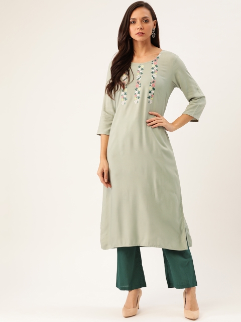 

Moda Rapido Women Green Embroidered Yoke Design Kurta with Trousers