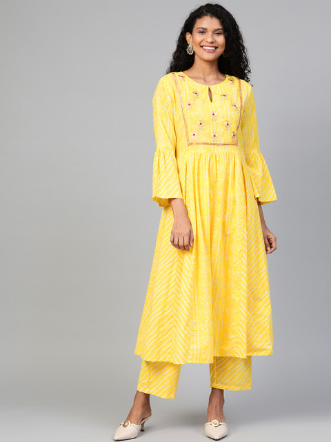

HERE&NOW Women Yellow & Off-White Bandhani Print Kurta with Palazzos