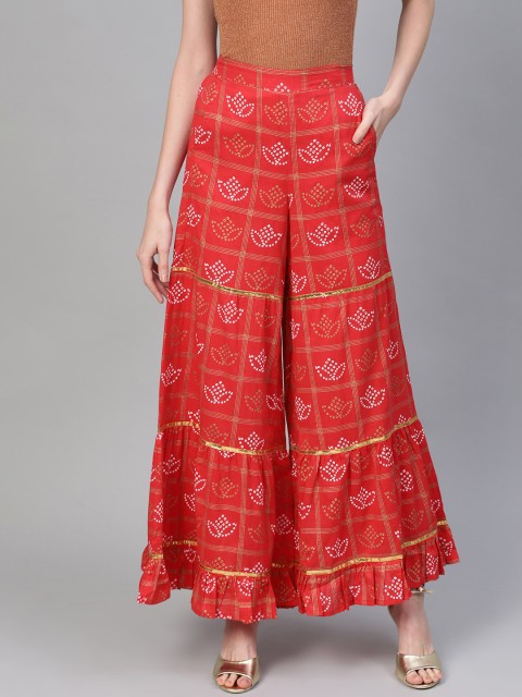 

HERE&NOW Women Red & White Bandhani Print Flared Sharara