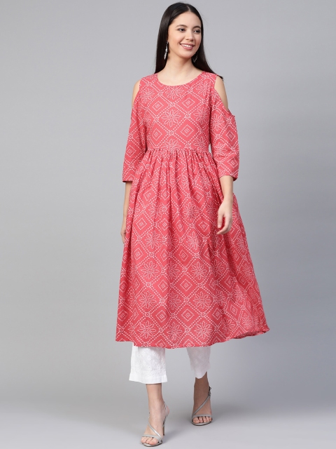 

HERE&NOW Women Red & White Bandhani Printed Cold-Shoulder A-Line Kurta