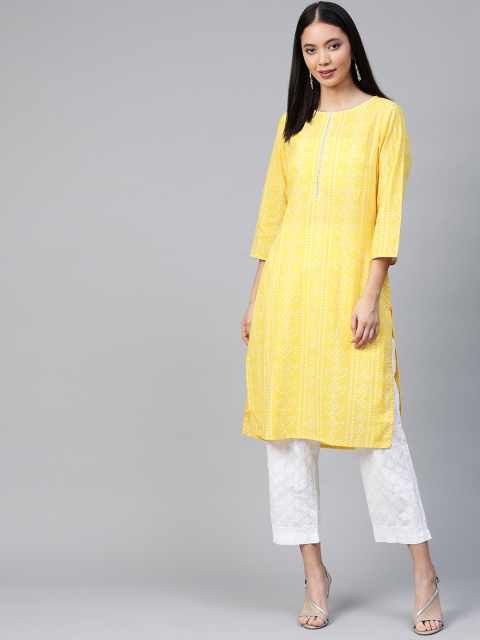 

HERE&NOW Women Yellow & Off-White Bandhani Printed Straight Kurta