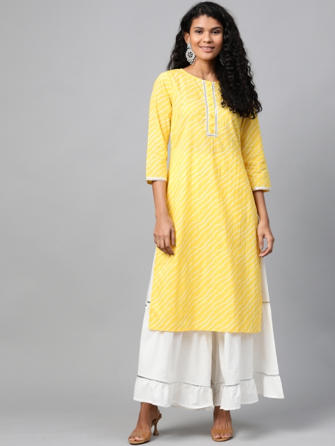 

HERE&NOW Women Yellow & White Leheriya Print Kurta with Sharara