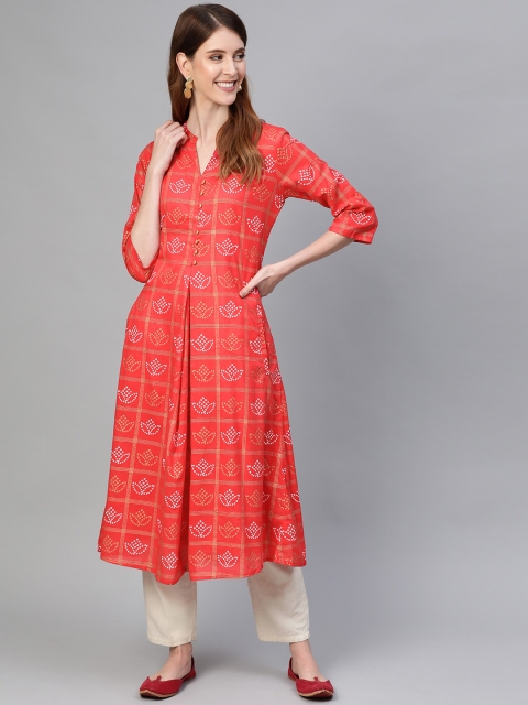 

HERE&NOW Women Red & White Pleated Bandhani Printed A-Line Kurta