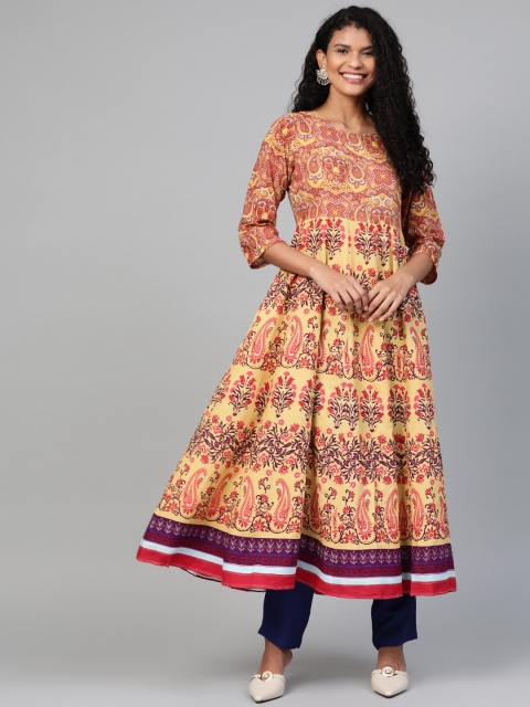 

HERE&NOW Women Yellow & Red Printed Kurta with Trousers