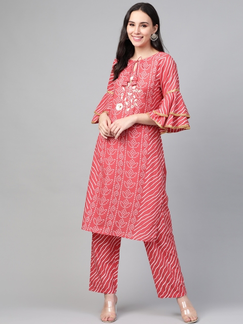 

HERE&NOW Women Pink & White Bandhani Print Kurta with Trousers
