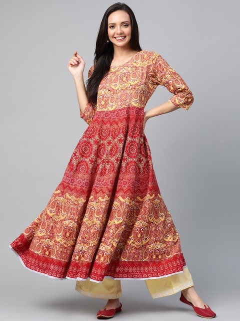 

HERE&NOW Women Red & Mustard Yellow Printed Anarkali Kurta